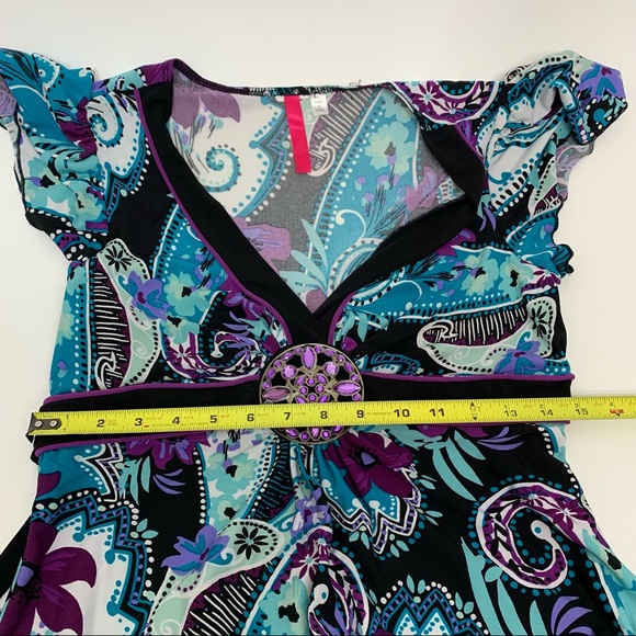 Rare Vintage Y2K Blue & Purple Paisley Floral V-Neck Dress Metal Jewel Waist - Picture 13 of 13